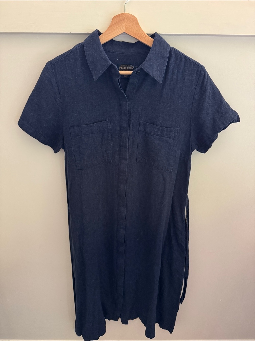 Pendleton Linen Blend Shirt Dress Navy Blue Side Tie Pockets Women’s Size M